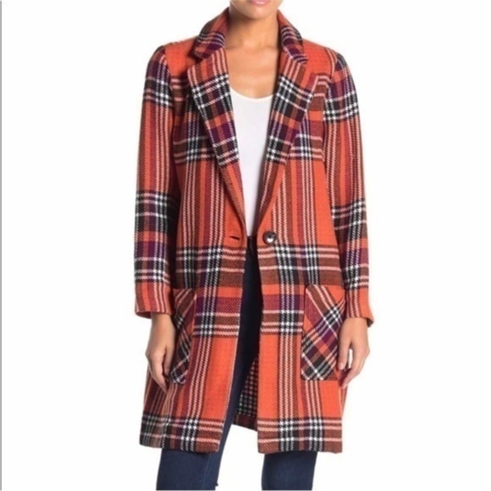 SUSHINA Pumpkin Burnt Orange Plaid Single Button Long Coatigan M